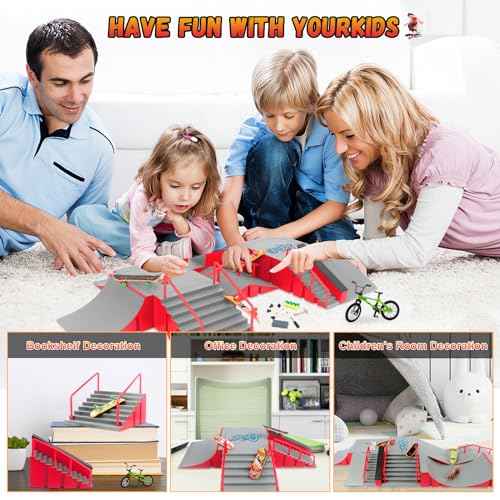 Finger Skateboard Park Kits,14-in-1 Bigger Finger Skateboard Ramp Set with 14 Ramps,8 Fingerboards,1 Finger Bike, Skate Park Kit,Fingerboard Skatepark Half Pipe Toys Gifts for Ages 3+