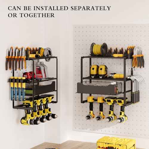 Power Tool Organizer Wall Mount, Tool Organizer and Storage for Garage, 8 Drill Holder with 2 Tool Drawers, 4 Layer Garage Tool Rack, Garage Wall Organizer with Screwdriver/Plier/Hammer Holder(Black)