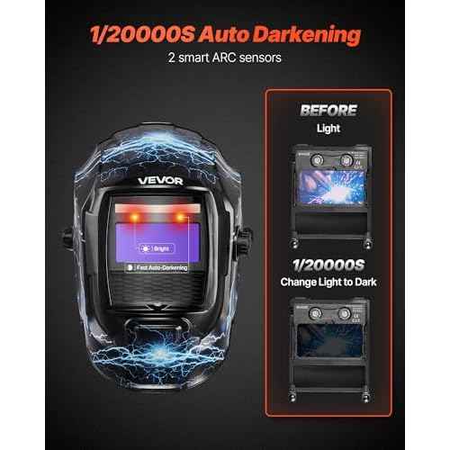 VEVOR Welding Helmet Auto Darkening, 3.66" x 1.69" True Color Welding Hood, Solar Powered Welder Mask 2 Arc Sensors, Shade 4/9-13 for TIG MIG ARC Weld Grinding - CRIUS Series (Blue Lightning Pattern)