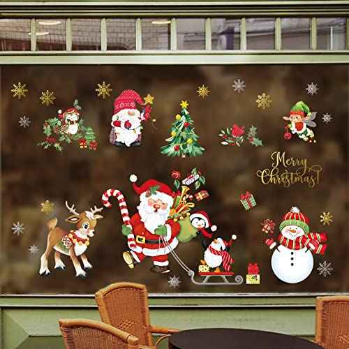 decalmile Christmas Window Wall Decals Santa Claus Elk Wall Stickers Snowman Snowflake Winter Penguin Window Clings Kids Room Home Party Shop Decorations