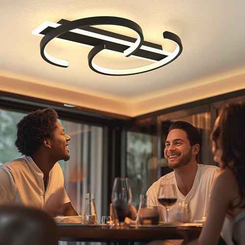LED Ceiling Light 2 Rings Black Modern Flush Mount Ceiling Lamp with Remote 3000-6000K Living Room Light Fixture 23.62in for Bedroom Dining Room Office