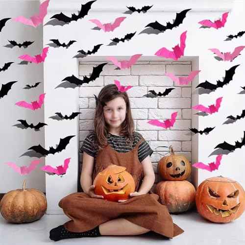 48 Pcs 3D Bats Wall Decals - Removable Rose Pink & Black Designs DIY Halloween Decorations for Party Indoor Home Kitchen Bedroom