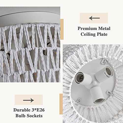 Rattan Light Fixtures Ceiling Mount, 3-Lights Boho Flush Mount Ceiling Light, Hand-Woven Cage Shade Lamp Lighting, Rustic Rattan Chandelier for Hallway Bedroom Kitchen Farmhouse Foyer Entryway (White)