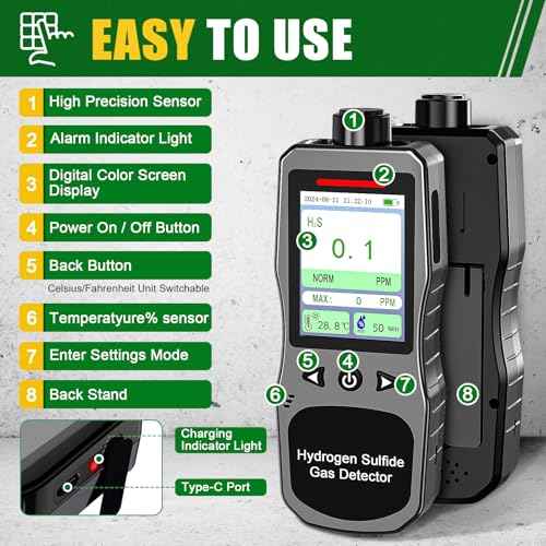 H2S Monitor Clip On, 0-100 PPM H2S Detector, Portable Hydrogen Sulfide Detector with 3 Alarm Modes, 16H Long Battery Life, H2S Air Quality Meter with Temp & Humidity Tester