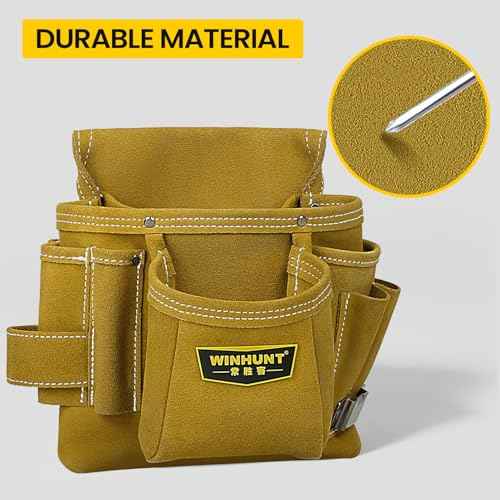 Leather Tool Pouch, Multiple Pockets, Tan Suede Construction, Professional Carpenter Utility Bag