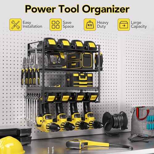 Power Tool Organizer, Metal 4 Layer Heavy Duty Drill Holder, 4Tier Wall Mount Garage Tool Organizers and Storage with Screwdriver/Pliers/Hook Holder,Red Utility Racks gifts for men