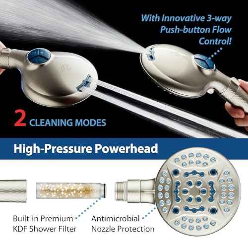 AquaCare 4X High Pressure 10-mode Filter Handheld Shower Head with Dual Power Wash - Clean Tub, Tile & Pets, Remove Chlorine, Metals & Toxins from Water to Protect Skin, Hair & Nails. Nickel Finish