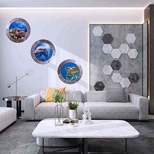 OTDCGI 11 Inch Round 3D Porthole Window Adhesive Stickers - Ocean Theme (Sea Turtle, Shark, Dolphin) - Waterproof Vinual Decals for Kids Room, Bathroom, Glass Decor - Set of 4