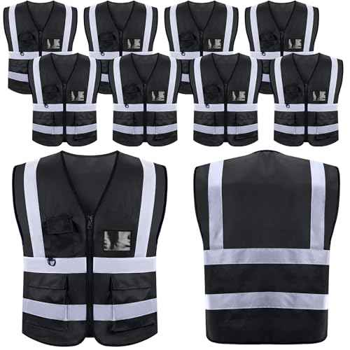 Jeffbaubl 10 Pcs Reflective Vest, High Visibility Construction Vest, Reflective Vests with Pockets and Zipper, Work Vests for Men Women(Black)