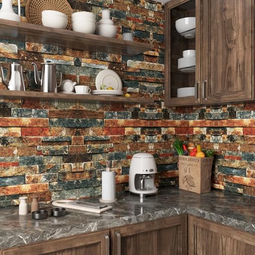 LACHEERY Vintage Brick Wallpaper Peel and Stick 3D Textured Brown Blue Stone Wallpaper Removable Self Adhesive Brick Contact Paper for Walls Kitchen Fireplace Heat Resistant Waterproof Roll 15.8"x80"