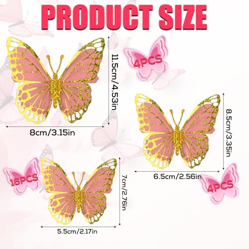 24pcs 3D Butterfly Wall Decor, 3 Sizes Hollow Butterfly Decorations Wall Stickers Removable Butterflies Art Decals for Bedroom Living Room Party Decor (Pink Gold)