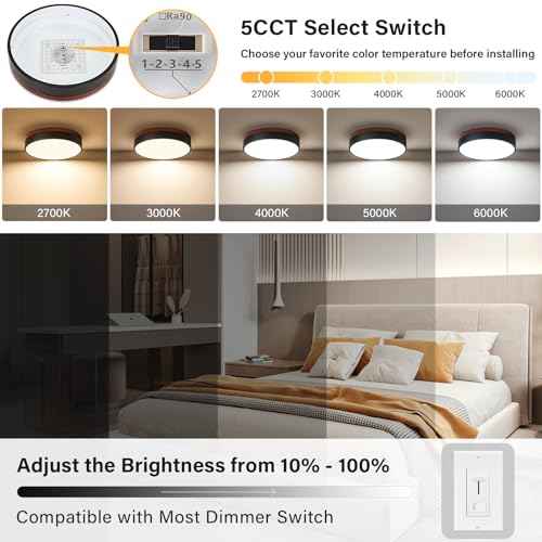 LED Ceiling Light Dimmable, Black and Wood Flush Mount Ceiling Light Fixture 5CCT in One, Minimalist Round Ceiling Lamp Modern Lighting for Kitchen, Bedroom, Hallway, Laundry Room, 11.8 Inch