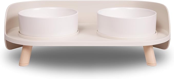A4DOG Ceramic Dog Bowls with Stand - Elevated Dog Water and Food Bowl Set 13.5oz Cat & Dog Feeding Station Spill Proof Splash Proof Raised Pet Food Bowls for Dogs, No Mess Pet Feeder - Beige