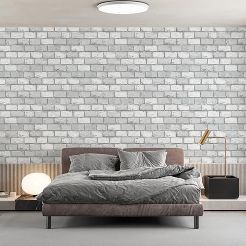 JiffDiff Brick Wallpaper Peel and Stick, Removable Vintage Self Adhesive Wallpaper Renter Friendly Textured Stick on Wallpaper Contact Paper £¨17.3" x 120" Gray Brick£©