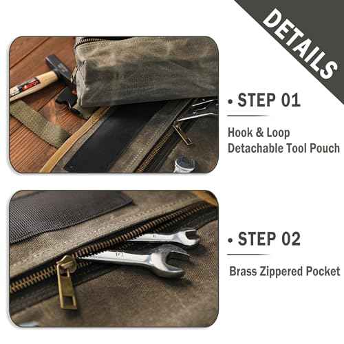 Canvas Tool Roll, Heavy Duty 16oz Waxed Canvas Wrench Roll - with Regular Tool Slots + 2 Zippered Pockets - Army Green, Portable Roll Up Wrench Organizer for Craftsman Contractor Repairman Gardener