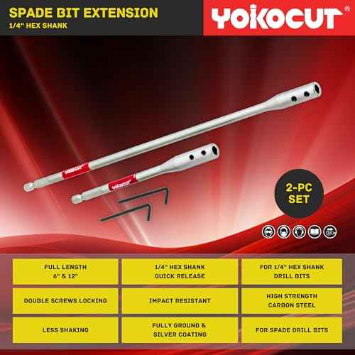 Drill Bit Extension Set, 6 and 12 Inches 1/4 Hex Shank Extension for Spade Bits, 2X Hex Key Included, Wood Spade Drill Bit Extension