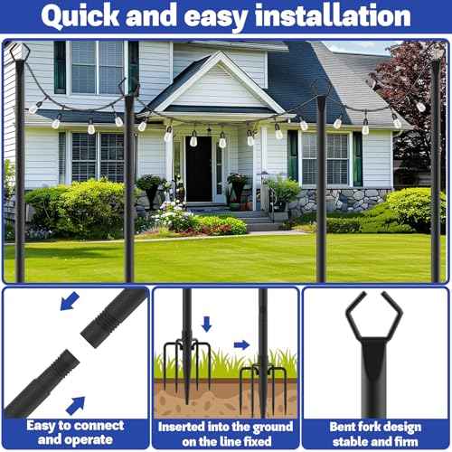4 Pack 10 ft Heavy Duty Metal String Light Poles Adjustable Outdoor Lighting Stand for Patio,Backyard,Garden,Party & Wedding Rustproof & Sturdy with Hooks