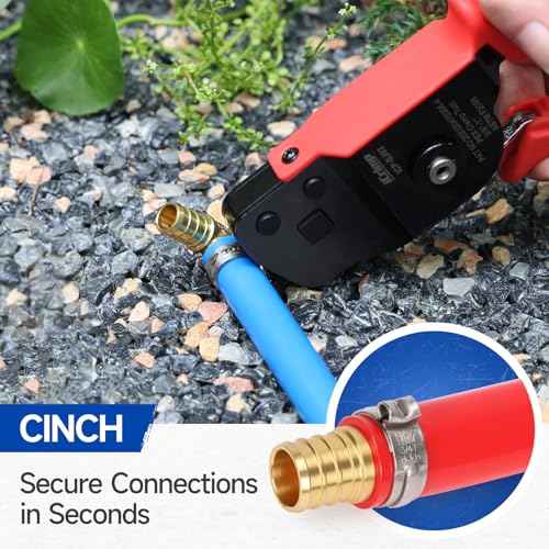 iCrimp One-Hand Crimping Tool Meets ASTM F2098, PEX Clamp Cinch Tool Kit with 20PCS 1/2-in, 10PCS 3/4-in PEX Clamps and Pipe Cutter- All in One
