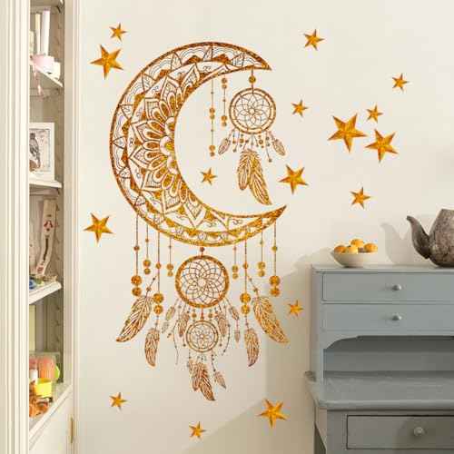 Runtoo Dream Catcher Wall Stickers Gold Star Feathers Wall Art Decal Bedroom Girls Nursery Home Decor