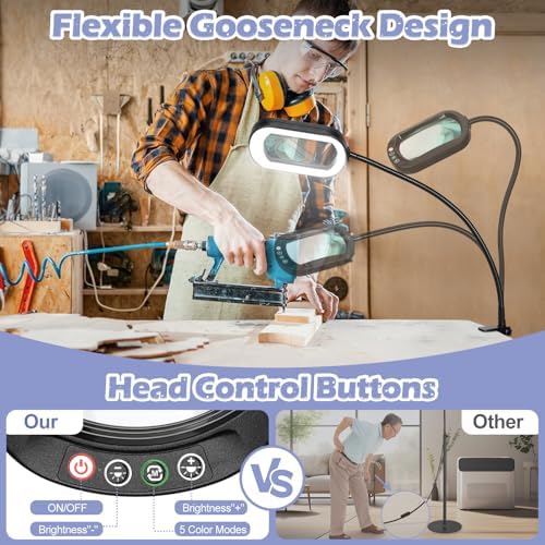 Drdefi 10X Rectangular Magnifying Glass with Light and Stand, 24" Flexible Gooseneck Floor Lamp, 5 Color Modes Stepless Dimmable, 3-in-1 LED Lighted Magnifier Light Hands Free for Reading Craft Sewing