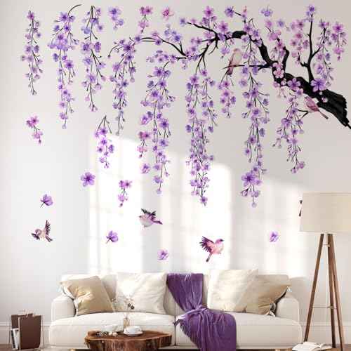 Lilac Wall Decoration Large Cherry Blossom Tree Wall Stickers,4 Sheets Spring Purple Flower Bird Wall Decals Peel and Stick Wall Murals Decor for Living Room Bedroom (Purple, 11.8 * 35.4inch)