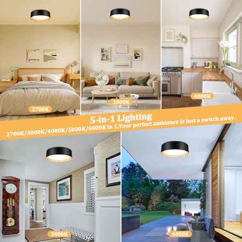BrightHome Flush Mount Ceiling Light, 13in 2600LM 25W(300W Equiv), LED Ceiling Light Fixture 5CCT 2700K 3000K 4000K 5000K 6000K, Dimmable Ceiling Lamp for Bedroom Bathroom Hallway, Black and Wood