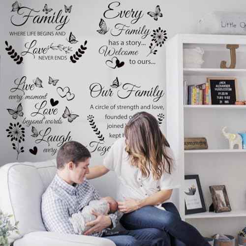 4 Set Family Stickers Vinyl Quote Decals Family Lettering Decals Inspirational Saying Stickers Wall Decor for Living Bedroom Wall Decorations