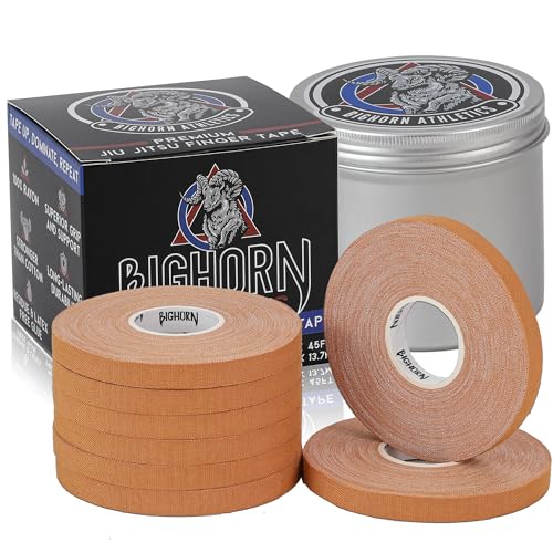 Bighorn Athletics Pro Series Jiu-Jitsu Finger Tape, 8-Rolls with Tin Holder, Enhanced Strength, Residue-Free (0.3-Inch, Nude)