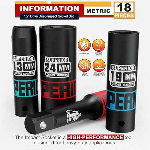18 Piece 1/2" Drive Deep Impact Socket Set, 10mm - 24mm, with Extension Bars:3-inch, 5-inch, 10-inch, Metric, 6-Point, CR-V Steel, Automotive Maintenance, Machinery Manufacturing