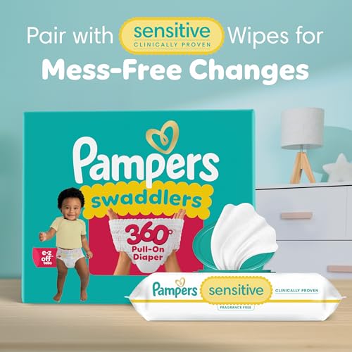 Pampers Diapers - Swaddlers 360° - Size 4, 104 Count, up to 100% Leakproof Comfy Dry Fit, Designed for Easy Changes, Pull On Baby Diaper (Packaging May Vary)
