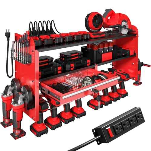 KSVO Power Tool Organizer Wall Mount with Drill Rack, Grinder Holder, Hammer & Pliers Rack, Locking Drawers, 6-Outlet Charging Shelf ? Heavy Duty Metal Tool Storage for Garage, Workshop (Red)
