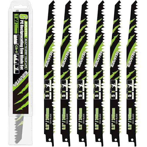 9.5-Inch Wood Pruning Reciprocating Saw Blade Set with Storage Box, 6-Piece Pruner Saw Blades with 5 TPI CR-V Steel for Tree Trimming Wood Cutting