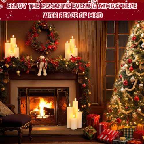 Retisee 8 Pcs Christmas LED Flameless Pillar Candles with Remote Battery Operated 3D Wick Flickering Fireplace Candle Indoor Decoration for Fall Christmas Winter, Ivory (4,6,8,and 10 Inches)