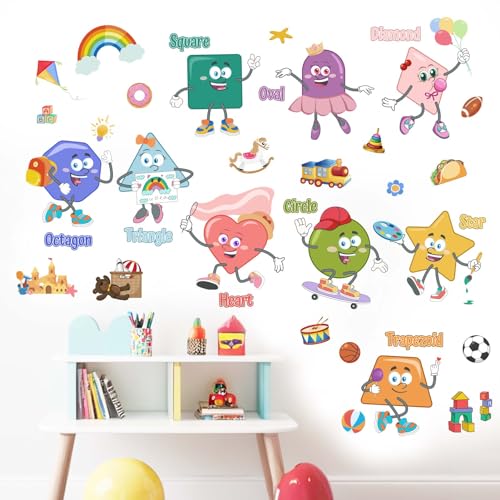 Kids Shapes Educational Wall Decals - Enlighten Learning Geometry Wall Stickers - Baby Boys Girls Nursery Daycare Library Bedroom Playroom Wall Decor