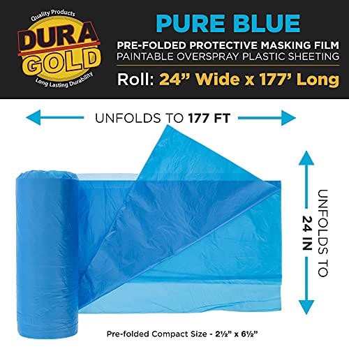 Dura-Gold 24" x 177' Pure Blue Pre-Folded Masking Film - Painters Plastic Roll (0.4 Mil) Pull Down Drop Sheet, Pre-Folded Plastic Sheeting for Painting Protection on Auto, Walls, Furniture