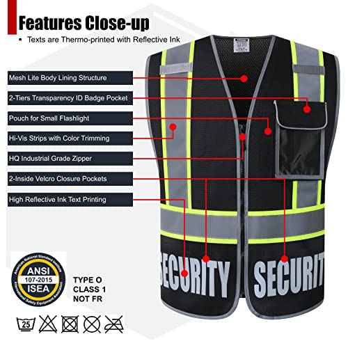 Security Vest for Men Women Reflective Safety Vest with 5 Pockets and Front Zipper Mesh High Visibility Vest Meets ANSI/ISEA 107-2015 Standards (2/Black-22, L)