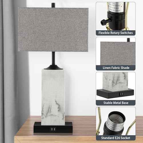 Table Lamps for Living Room Set of 2, Modern Bedside Lamps with Dual USB Ports for Bedroom Nightstand, Large End Table Lamps with Grey Fabric Shades Minimalist Decor Marble Finish