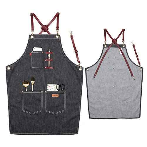 Denim Apron with Pockets for Men Women, Tool Work Apron for Chef Cooking BBQ Garden, Painting Woodworking, Gift for Him and Her