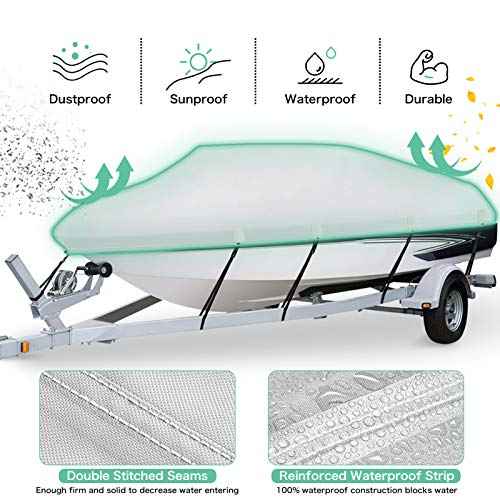 Heavy Duty 1200D PU Waterproof Boat Cover, 17'- 19' Trailerable Marine Grade Polyester Canvas, Fits 17-19ft V-Hull, Tri-Hull, Fishing Boat, Runabout, Pro-Style Bass Boat with Tightening Strap