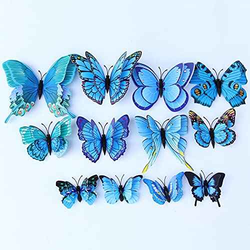 AOMEI 12pcs Blue PVC Waterproof 3D Butterfly Wall Stickers, Double Wings, Modern, Contemporary Style, Butterfly Theme, Indoor Use