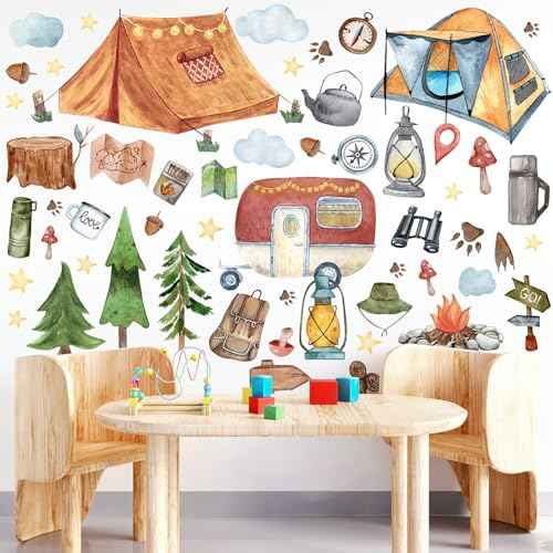 2 Sheet 64 Pcs Camping Wall Decals Stickers Adventure Theme Room Stickers Tent Camper Outdoor Wall Decals RV Bonfire Camping Decor for Classroom Kids Nursery Bedroom Home Decorations