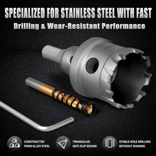 16 PCS TCT Hole Saw Kit for Hard Metal, 5/8" to 2-1/8" TCT Hole Cutter Set, Stainless Steel, Iron, Wood, Plastic, with 2*Extra Titanium Plated Pilot Center Drill and 2*L-Wrench