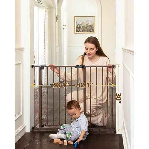 InnoTruth 28.9-42.1" Baby Gate with Door for Dogs, 30" Tall Pressure Mounted Dog Gates for The House Expandable One-Hand Open, Easy Step Walk Through Dual Lock Durable Metal Safety Pet Gates, Brown