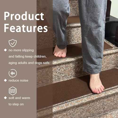 Nonslip Stair Treads Wooden Steps, 15 PCS 30" x 8" Safety Rug Slip Resistant Runner with Reusable Adhesive, Carpet Landing Mat for Family Elders Pets Soft Stair Mats Indoor (Black)