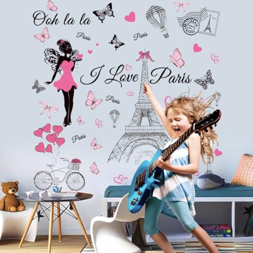 Paris Wall Decal Vinyl Eiffel Tower Wall Sticker Bicycle Hot Air Ballon Wall Decor for Girl Women Bedroom Living Room