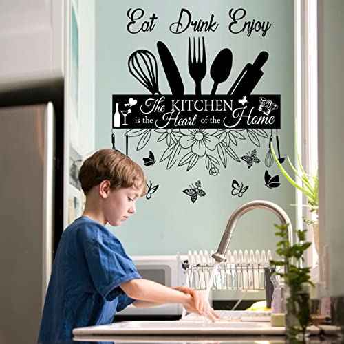 Wall Stickers - The Kitchen Is the Heart of Home Sign Decor, Eat Drink Enjoy Quotes, Removable DIY Vinyl Art for Living Room, Dining Room