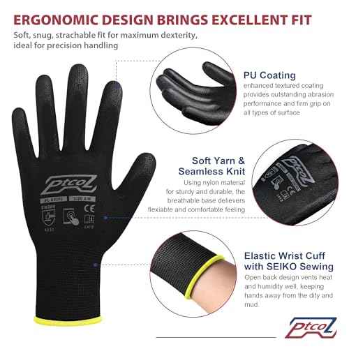 PU Coated Work Gloves -12 Pairs Bulk Pack, Excellent Grip, Seamless Knit Nylon Safety Gloves with Polyurethane Coated for Touchscreen, Lightweight, Ideal for Light Duty Work (Large)