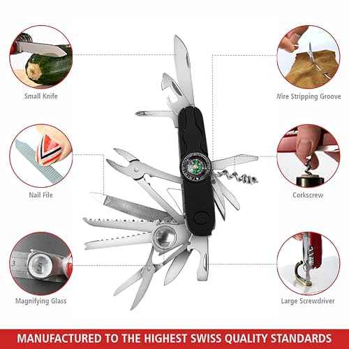 Swiss Eagle 30-in-1 Classic Swiss Pocket Knife with Compass, Premium Multi Tool Pocket Knife with Large Blade, Scissor, Screwdriver, Plier, Magnifying Glass, Tweezer for Gifts - Black