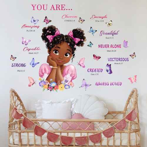 Black Girls Inspirational Wall Decals 44x35in - Pink Purple, Floral Butterfly Scripture Quotes, Peel and Stick Removable for Bedroom Nursery