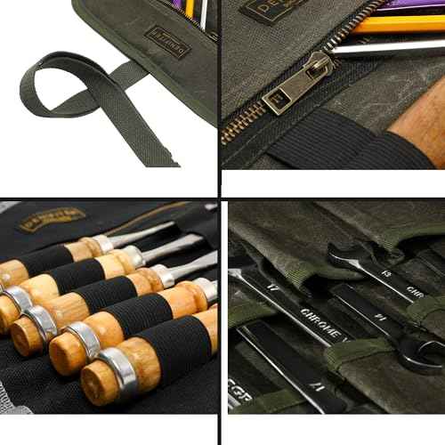 Waxed Canvas Multi-Purpose Waterpoof Tool Organizer Bags, Portable Carry On Pouch with 1 Small Detachable Tool pouch and 1 Zipper Pockets, 24.5" X 10.5"|ArmyGreen